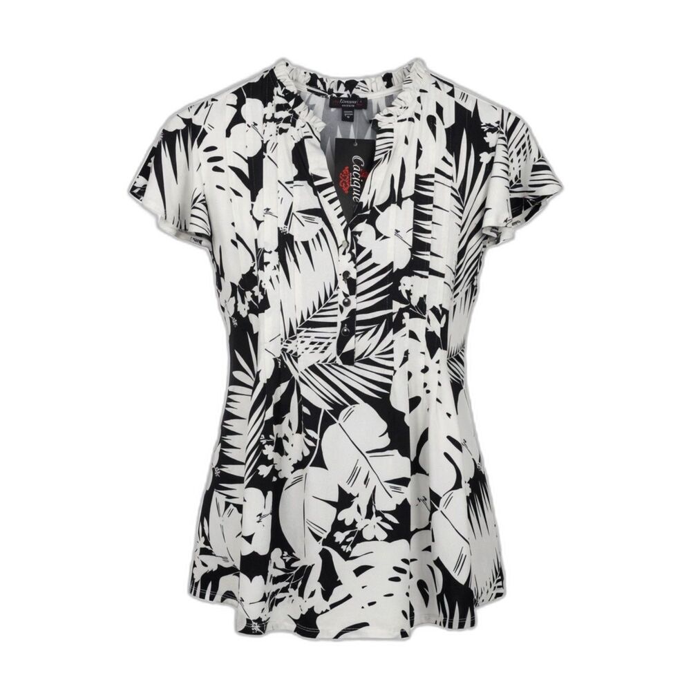 Cocomo Plus Size 1X Black Ivory Floral Print Pintuck Short Flutter Sleeve Top